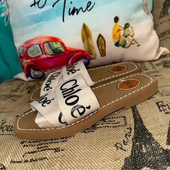 Chloé NWOB! Woody Logo-Print Canvas Slides Size 36 - Picture 3 of 11